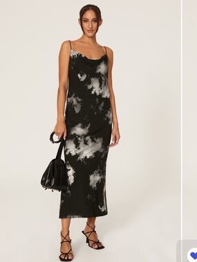 SAMSOE Black and White Cloud-Print Slip Midi Dress